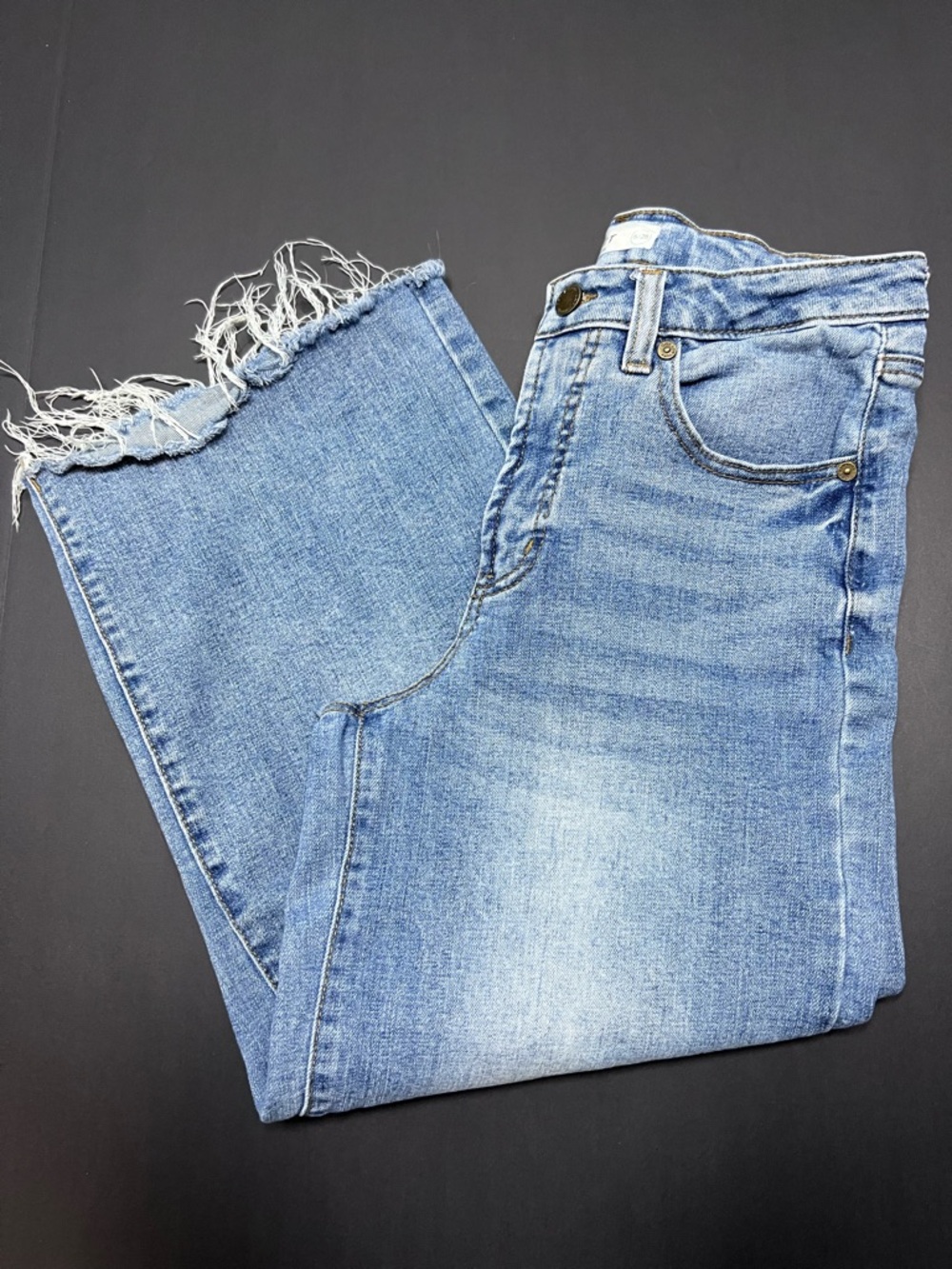 OAT New York Wide Leg Crop Jeans Raw Hem Distressed Blue Denim Size 6/28 - Picture 2 of 9